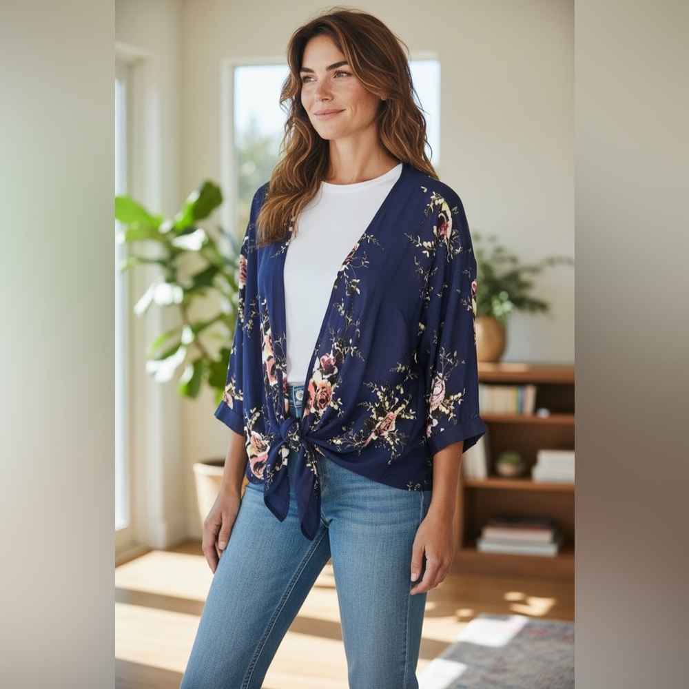 PrettyLittleThing Navy Floral Kimono Cardigan